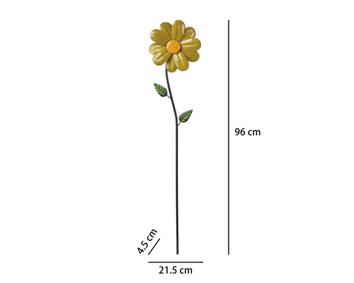 Gelber Gartenstecker aus Metall in Blumenform, Höhe 96 Zentimeter, Breite 21,5 Zentimeter, Tiefe 4,5 Zentimeter.