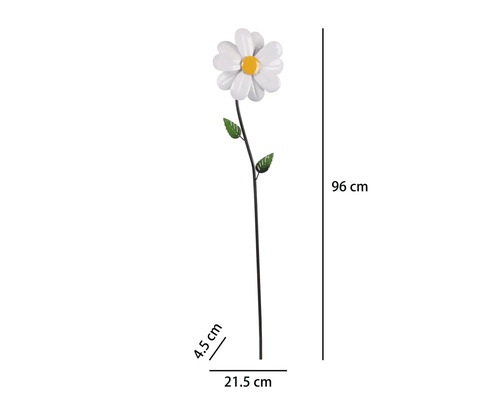 Gartenstecker Margerite aus Metall in Weiß, Gelb und Grün, Höhe 96 Zentimeter, Breite 21,5 Zentimeter, Tiefe 4,5 Zentimeter.
