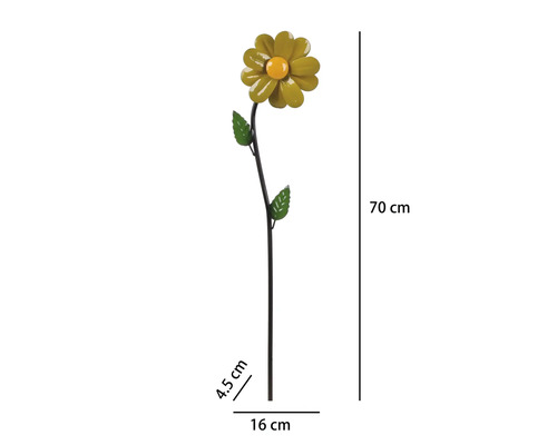 Gartenstecker Blume aus Metall mit zwei Blättern, Höhe 70 Zentimeter, Breite 16 Zentimeter, Tiefe 4,5 Zentimeter.