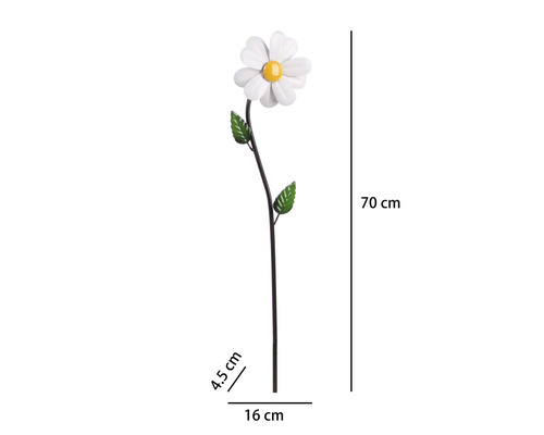Gartenstecker Blume aus Metall in Weiß und Gelb, Höhe 70 Zentimeter, Breite 16 Zentimeter, Tiefe 4,5 Zentimeter.