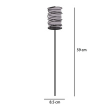Gartenfackel aus schwarzem Metall und Glas mit Spiraldrahtkorb, Höhe 59 Zentimeter, Durchmesser 8,5 Zentimeter.