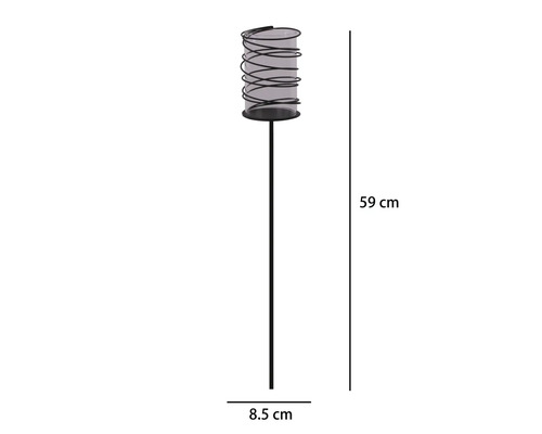 Gartenfackel aus schwarzem Metall und Glas mit Spiraldrahtkorb, Höhe 59 Zentimeter, Durchmesser 8,5 Zentimeter.