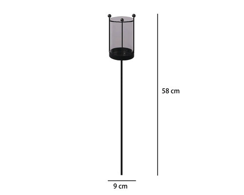 Gartenstecker Windlicht aus Metall und Glas, Höhe 58 Zentimeter, Durchmesser 9 Zentimeter.