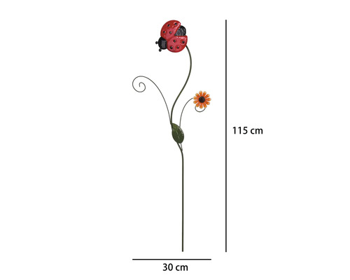 Gartenstecker aus Metall mit Marienkäfer und Blume, Höhe 115 Zentimeter, Breite 30 Zentimeter.