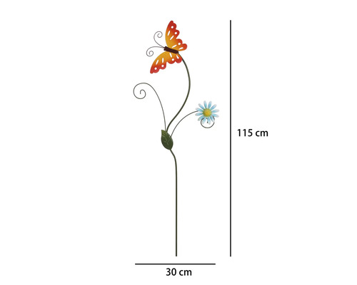 Gartenstecker aus Metall mit orangem Schmetterling und blauer Blume, Höhe 115 Zentimeter, Breite 30 Zentimeter.