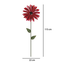 Rote Blume als Gartenstecker aus Metall mit grünem Stiel, Höhe 115 Zentimeter, Breite 22 Zentimeter.