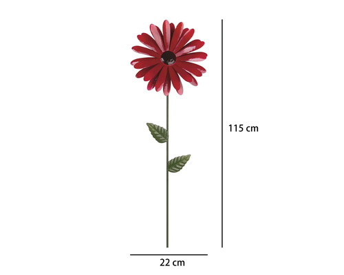 Rote Blume als Gartenstecker aus Metall mit grünem Stiel, Höhe 115 Zentimeter, Breite 22 Zentimeter.