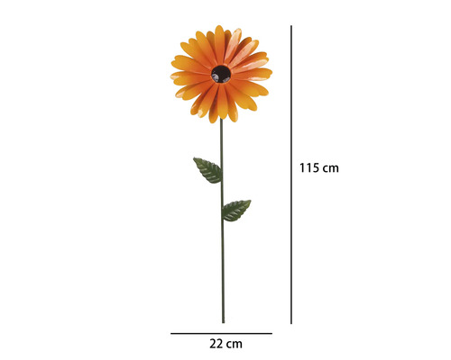 Gartenstecker Blume aus Metall, orange, Höhe 115 Zentimeter, Breite 22 Zentimeter.
