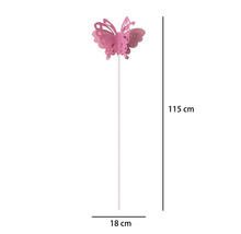 Rosa Gartenstecker mit Schmetterlings-Motiv, Höhe 115 Zentimeter, Breite 18 Zentimeter.