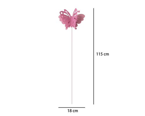 Rosa Gartenstecker mit Schmetterlings-Motiv, Höhe 115 Zentimeter, Breite 18 Zentimeter.