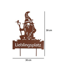Gartenstecker Zwerg mit Schaufel, Schriftzug Lieblingsplatz, Metall in Rostoptik, Höhe 50 Zentimeter, Breite 30 Zentimeter.
