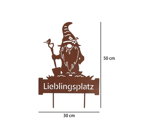 Gartenstecker Zwerg mit Schaufel, Schriftzug Lieblingsplatz, Metall in Rostoptik, Höhe 50 Zentimeter, Breite 30 Zentimeter.