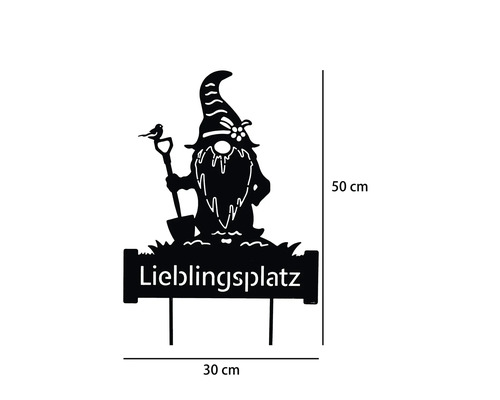 Gartenstecker Wichtel mit Schaufel und Vogel, Schriftzug Lieblingsplatz, circa 30 mal 50 Zentimeter.