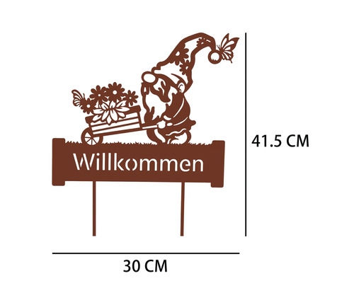 Gartenstecker aus Metall in Rostoptik mit Zwerg, Schubkarre und Willkommen-Schriftzug, 30 mal 41,5 Zentimeter.