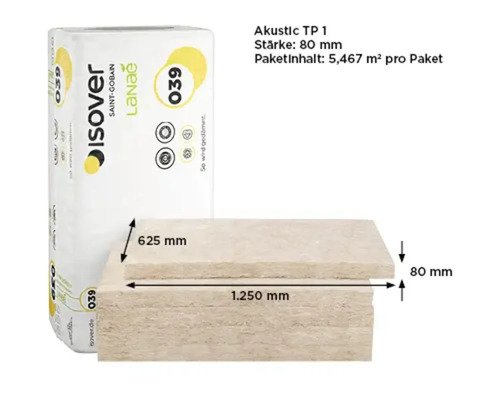Isover Akustic TP 1 Trennwand-Dämmplatte aus Mineralwolle, Maße 1250 mal 625 mal 80 Millimeter, Paketinhalt 5,467 Quadratmeter.