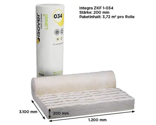 Isover Integra ZKF 1-034 Glaswolle-Dämmrolle mit 200 Millimeter Stärke, 1200 Millimeter Breite und 3100 Millimeter Länge.