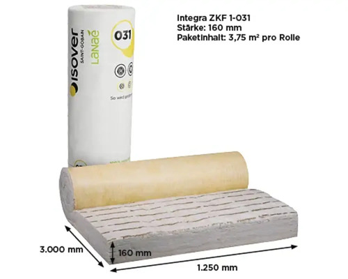 Isover Glaswolle Integra ZKF 1-031, 160 Millimeter dick, 3000 mal 1250 Millimeter, 3,75 Quadratmeter pro Rolle.