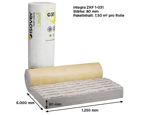 Isover Integra ZKF 1-031 Glaswolle-Rolle, Stärke 80 Millimeter, Breite 1250 Millimeter, Länge 6000 Millimeter, 7,50 Quadratmeter, Isover Logo.