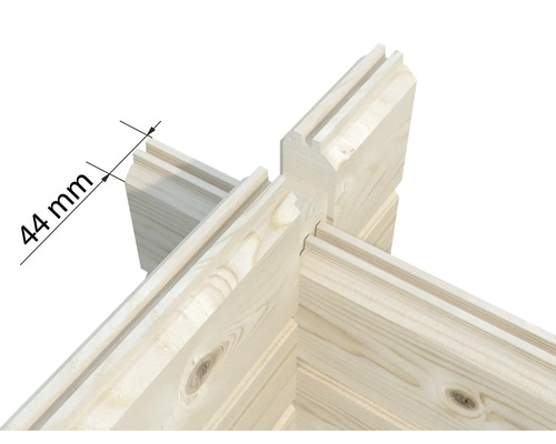 Eckverbindung von Blockbohlen aus Holz mit einer Wandstärke von 44 Millimeter.