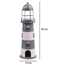 Dekorativer Leuchtturm aus Metall, Höhe 45 Zentimeter, Breite 14 Zentimeter, grau-weiß gestreift mit Fenstern und Geländer.
