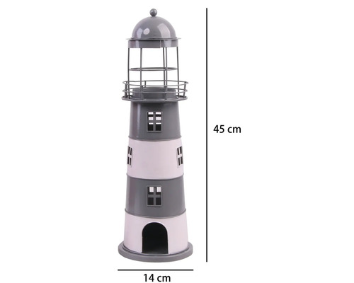 Dekorativer Leuchtturm aus Metall, Höhe 45 Zentimeter, Breite 14 Zentimeter, grau-weiß gestreift mit Fenstern und Geländer.