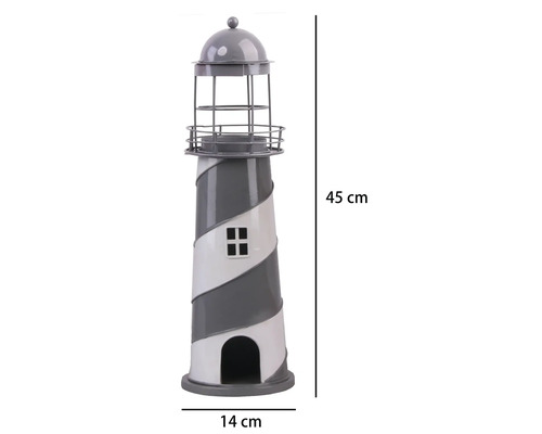Dekorativer Leuchtturm aus Metall, Höhe 45 Zentimeter, Breite 14 Zentimeter, mit Spiralmuster, Galerie und Kuppeldach.