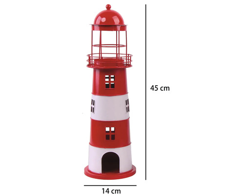 Dekofigur Leuchtturm aus Metall in Rot und Weiß, Höhe 45 Zentimeter, Breite 14 Zentimeter.