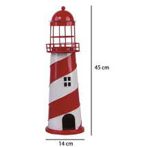 Dekorative Leuchtturm-Figur aus Metall, Höhe 45 Zentimeter, Breite 14 Zentimeter, rot-weiß gestreift.