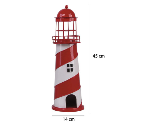 Dekorative Leuchtturm-Figur aus Metall, Höhe 45 Zentimeter, Breite 14 Zentimeter, rot-weiß gestreift.