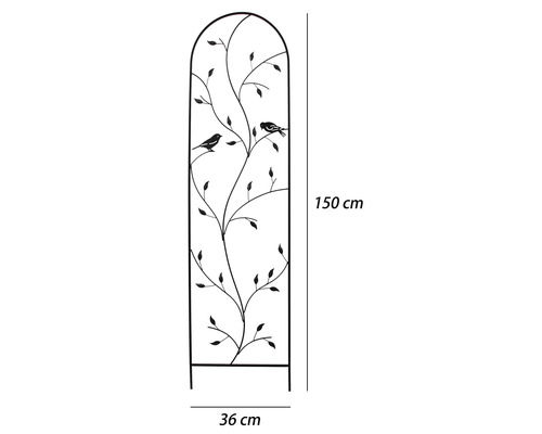 Rankhilfe aus Metall mit Blatt- und Vogel-Dekor, 150 auf 36 Zentimeter.