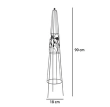 Rankobelisk aus Metall mit Vogel- und Blattdekor, Höhe 90 Zentimeter, Durchmesser 18 Zentimeter.