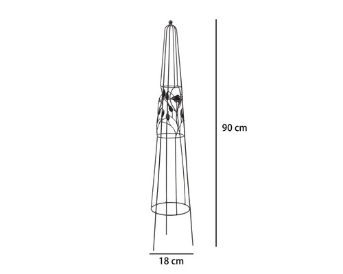 Rankobelisk aus Metall mit Vogel- und Blattdekor, Höhe 90 Zentimeter, Durchmesser 18 Zentimeter.