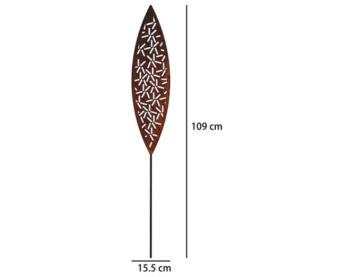 Gartenstecker Blatt aus Metall in Rostoptik mit Lochmuster, Höhe 109 Zentimeter, Breite 15,5 Zentimeter.