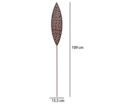 Gartenstecker aus Metall in Edelrost-Optik, Blattform mit dekorativem Muster, Höhe 109 Zentimeter, Breite 15,5 Zentimeter