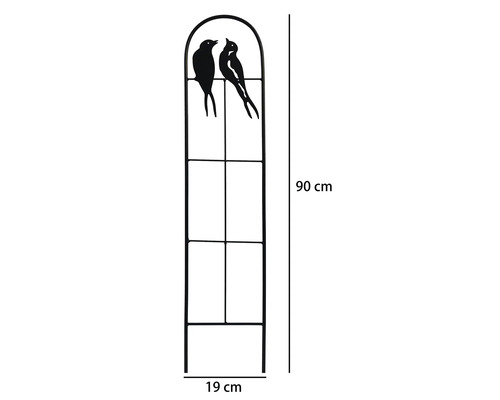 Rankgitter aus Metall mit Vogelmotiv, 90 Zentimeter hoch und 19 Zentimeter breit.