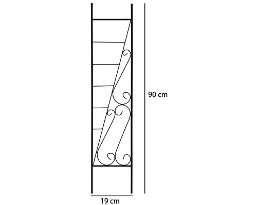 Rankhilfe aus Metall mit dekorativen Schnörkeln, Höhe 90 Zentimeter, Breite 19 Zentimeter.
