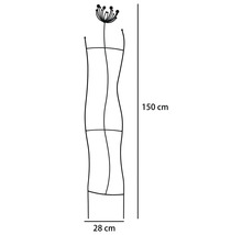 Schwarze Rankhilfe aus Metall in Wellenform mit Blüten-Motiv, Höhe 150 Zentimeter, Breite 28 Zentimeter.