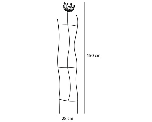 Schwarze Rankhilfe aus Metall in Wellenform mit Blüten-Motiv, Höhe 150 Zentimeter, Breite 28 Zentimeter.