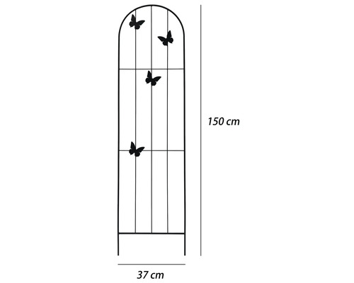 Rankhilfe aus Metall mit Schmetterlingsmotiv, 150 Zentimeter hoch und 37 Zentimeter breit.