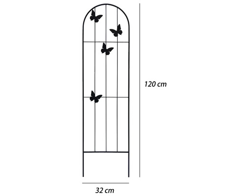 Rankhilfe aus Metall mit Schmetterlingsdekor, Rundbogen, Höhe 120 Zentimeter, Breite 32 Zentimeter.