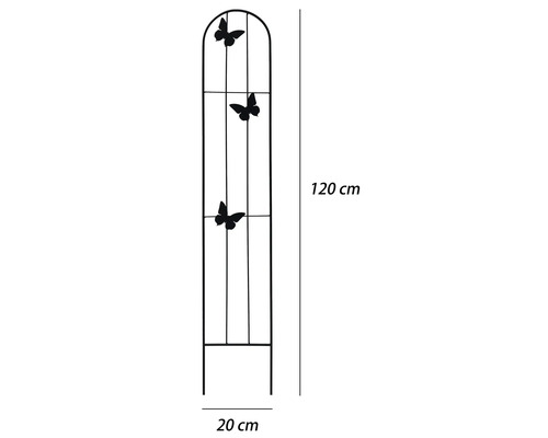 Rankgitter aus Metall mit Schmetterlings-Dekor, Höhe 120 Zentimeter, Breite 20 Zentimeter.