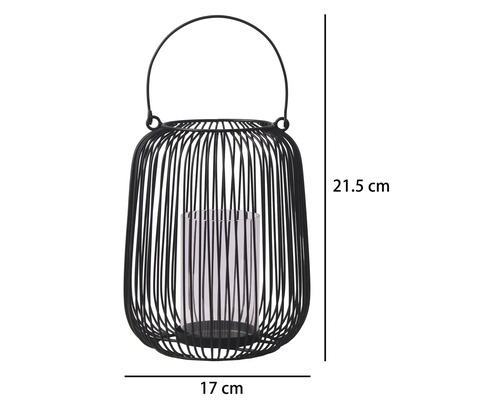 Windlicht aus schwarzen Metallstreben mit Glaszylinder, Höhe 21,5 Zentimeter, Breite 17 Zentimeter.