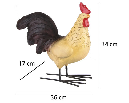 Hahnenfigur mit Schnörkelmuster, Metallbeinen, 34 Zentimeter hoch, 36 Zentimeter lang und 17 Zentimeter breit.