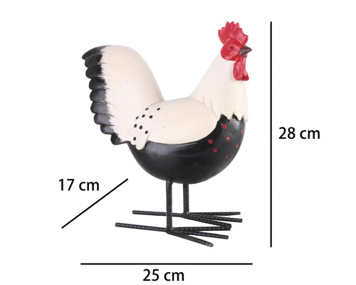Dekofigur Hahn aus Metall, weiß-schwarz mit rotem Kamm, Höhe 28 Zentimeter, Breite 25 Zentimeter, Tiefe 17 Zentimeter.