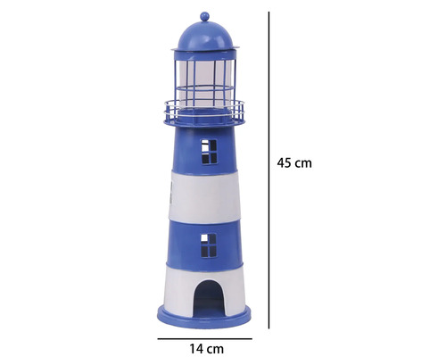 Dekorativer Leuchtturm aus Metall, blau-weiß gestreift, Höhe 45 Zentimeter, Durchmesser 14 Zentimeter.
