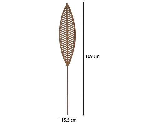 Gartenstecker in Blattform aus Metall in Rostoptik, Höhe 109 Zentimeter, Breite 15,5 Zentimeter.