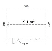 Grundriss für ein Gartenhaus mit einer Fläche von 19,1 Quadratmetern, Außenmaße 510 mal 390 Zentimeter, inklusive Doppeltür und Fenstern.