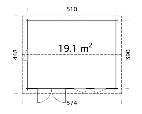 Grundriss für ein Gartenhaus mit einer Fläche von 19,1 Quadratmetern, Außenmaße 510 mal 390 Zentimeter, inklusive Doppeltür und Fenstern.