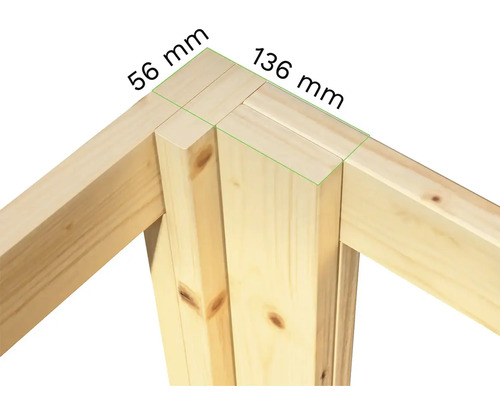 Holzkonstruktion für Eckverbindung mit den Maßen 56 Millimeter und 136 Millimeter