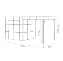 Technische Zeichnung eines Gartenhauses mit integriertem Carport mit Maßangaben in Zentimeter